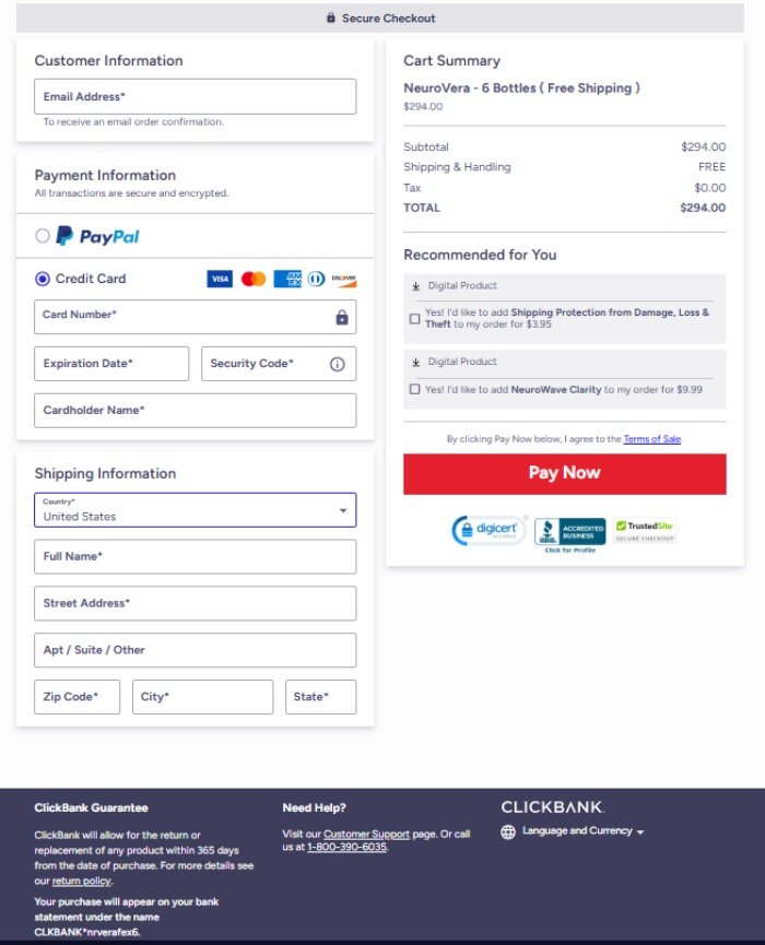 NeuroVera secure payment and checkout